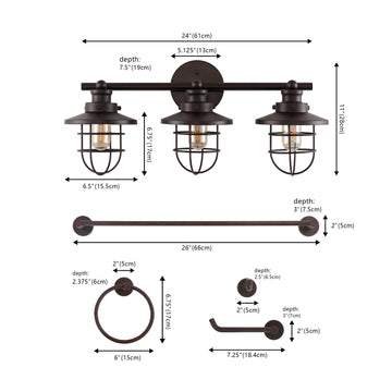 Ellis 24" 3-Light Industrial Farmhouse Vanity Light with Bathroom Hardware Accessory Set - JONATHAN Y